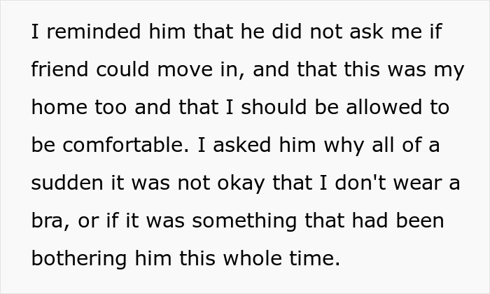 Conversación de texto sobre una mujer que no usa sostén en casa y que de repente su esposo se molesta por eso.