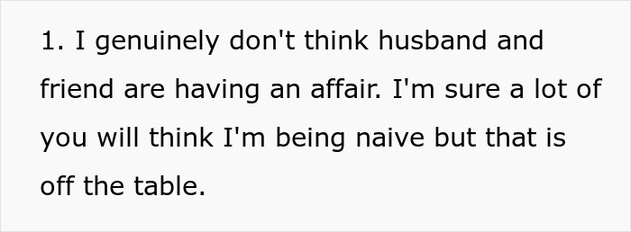 Extracto de texto que analiza las dudas sobre si marido y amigo tienen una aventura y explora preocupaciones sobre las relaciones.