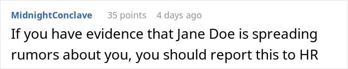 Captura de pantalla de un comentario en línea que aconseja informar a Recursos Humanos sobre los rumores que se difunden en el trabajo y que están relacionados con conflictos en el lugar de trabajo.