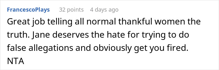 Captura de pantalla de un comentario en línea que defiende a un hombre acusado de mala conducta después de haber sido denunciado a Recursos Humanos.