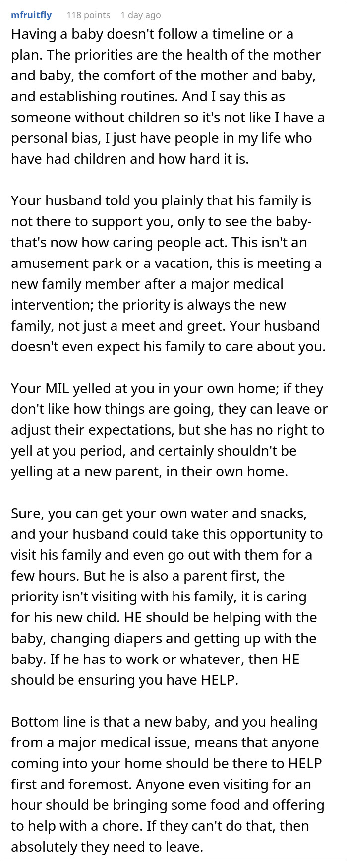 Publicación de texto que analiza los desafíos que enfrenta una nueva mamá cuando su esposo y sus suegros no ayudan con el bebé.