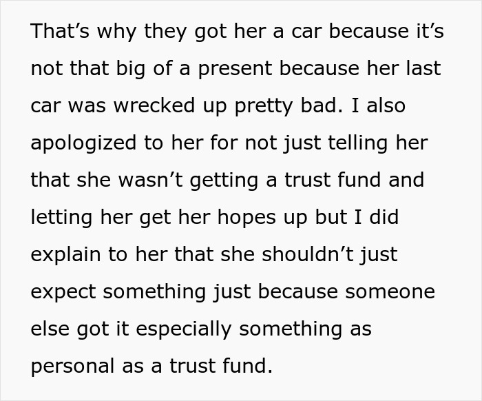 Texto sobre cómo explicarle a una hijastra por qué no recibe un fondo fiduciario para hijastra a pesar de haberle regalado un automóvil.