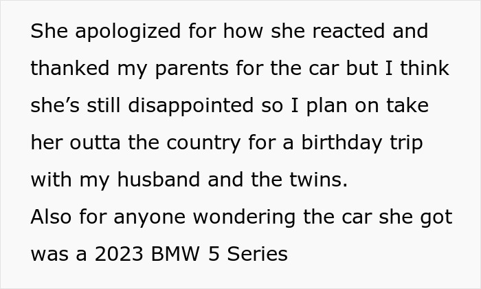 Extracto de texto sobre el fondo fiduciario de la hijastra, incluidos planes para un viaje de cumpleaños y un automóvil BMW Serie 5 2023.