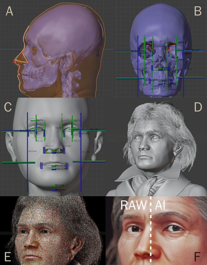 Escaneos de cráneo en 3D y proceso de reconstrucción facial de Mozart, Bach y Beethoven utilizando técnicas anatómicas y de inteligencia artificial.