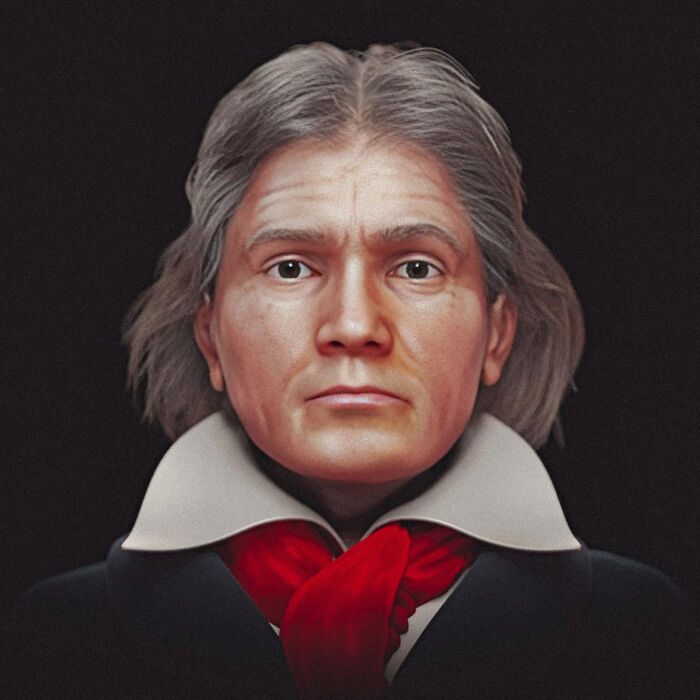 Rostro recreado de Beethoven utilizando escaneos de cráneo y retratos de un científico para la reconstrucción facial histórica.