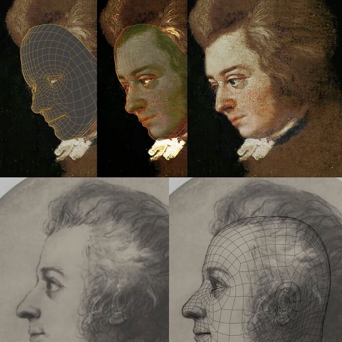 Proceso de reconstrucción facial mediante escaneos de cráneo y retratos para recrear los rostros de Mozart, Bach y Beethoven.