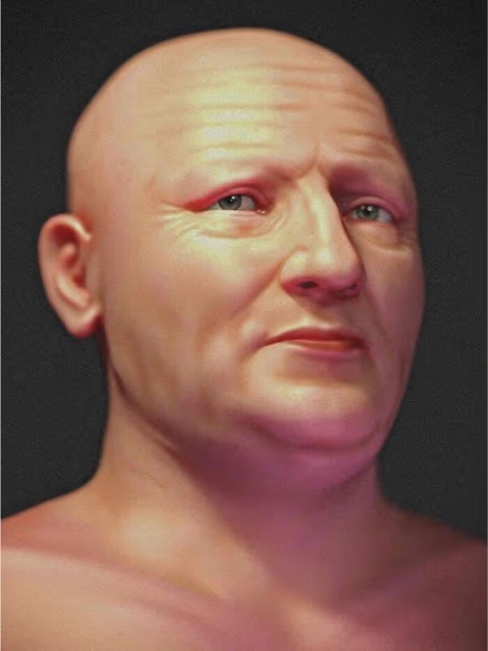 Reconstrucción facial en 3D de un compositor clásico creada mediante escaneos de cráneo y retratos en un estudio científico.