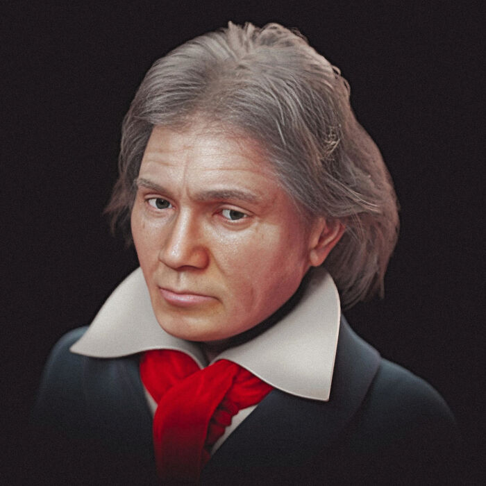 Reconstrucción facial realista de Beethoven creada mediante escaneos de cráneo y retratos históricos realizados por un científico.