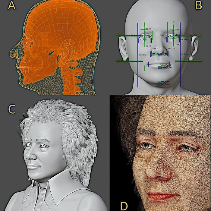 Escaneos de cráneo en 3D y técnicas de reconstrucción facial utilizadas para recrear los rostros de Mozart, Bach y Beethoven.