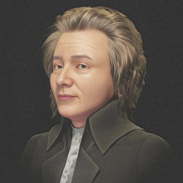Reconstrucción facial en 3D de un compositor clásico creada mediante escaneos de cráneo y retratos realizados por un científico.