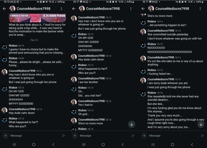 Una recopilación de mensajes de Discord entre Riobox y CourseMediocre7998. En las publicaciones, CourseMediocre7998 dice ser su hermano y anuncia que se ha quitado la vida.
