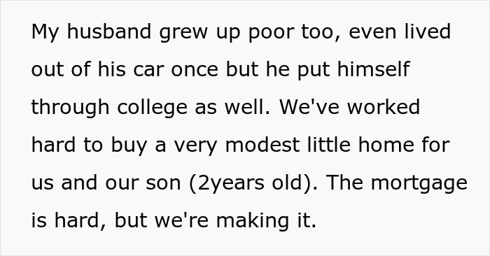 Texto que describe a una hermana embarazada que vive en un refugio para personas sin hogar, compartiendo luchas y esperanzas por un hogar modesto.