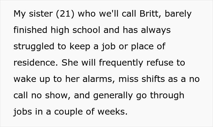 Texto que describe a una hermana embarazada que lucha contra la falta de vivienda y trabajos inestables y se aloja en un refugio para personas sin hogar.