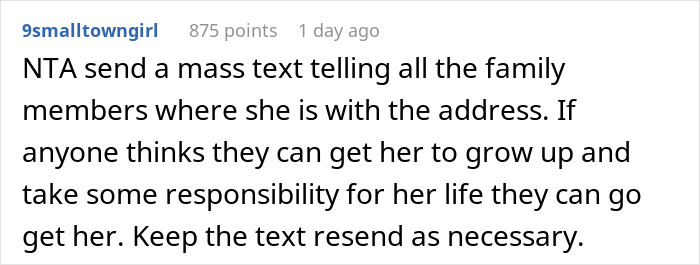 Publicación de texto de 9smalltowngirl que aconseja enviar un mensaje de texto masivo a la familia sobre la ubicación del refugio para personas sin hogar de una hermana embarazada para obtener apoyo.