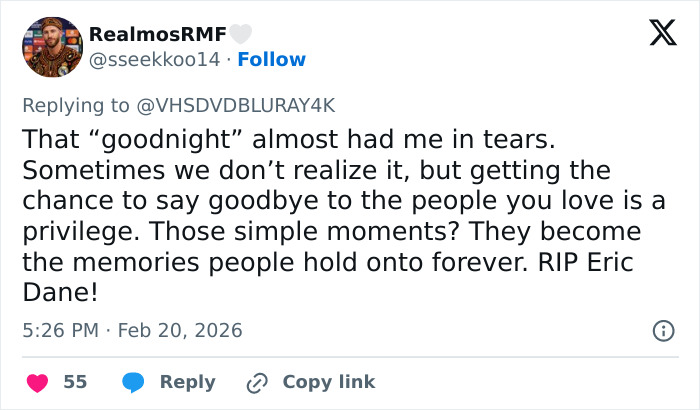 Tweet que expresa una reacción emotiva a las desgarradoras últimas palabras de Eric Dane grabadas para sus hijas adolescentes antes de su fallecimiento.