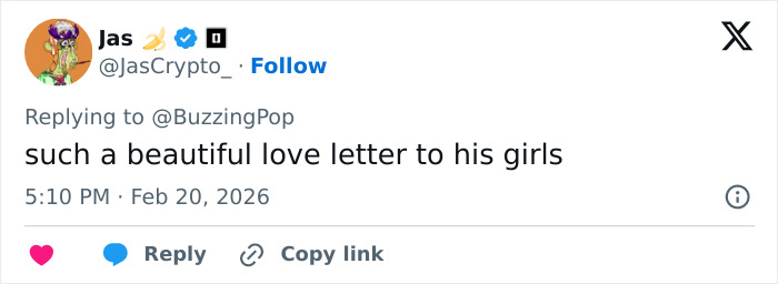 Captura de pantalla de un tweet que expresa admiración por las desgarradoras últimas palabras grabadas de Eric Dane a sus hijas adolescentes.