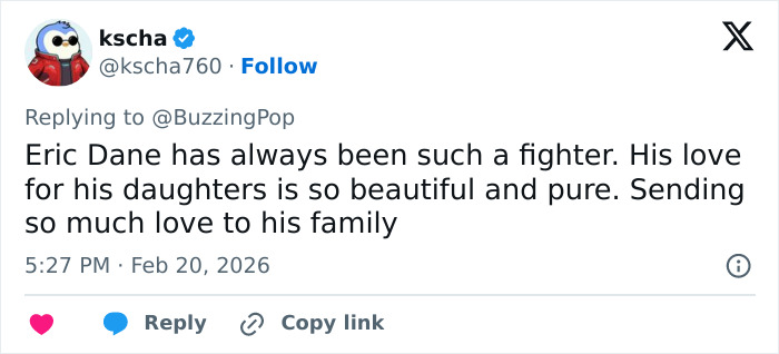 Captura de pantalla de un sincero tweet que honra el amor de Eric Dane por sus hijas adolescentes antes de su fallecimiento.