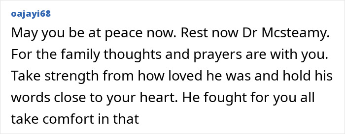 Comentario expresando condolencias y apoyo al Dr. McSteamy, haciendo referencia a las desgarradoras últimas palabras de Eric Dane.