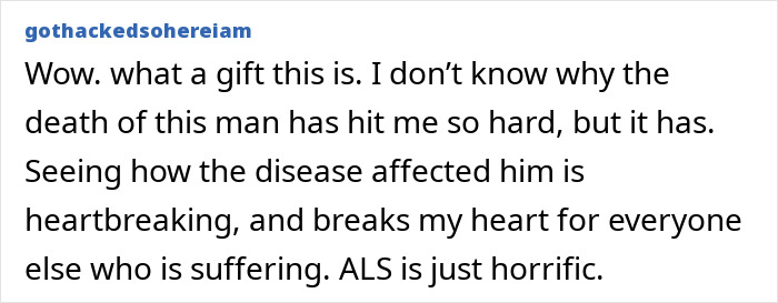 Comentario que expresa angustia por la muerte de un hombre y el impacto de la ELA, reflexionando sobre las últimas palabras desgarradoras grabadas por Eric Dane.