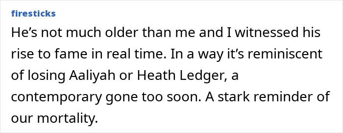 Publicación de texto del usuario firesticks que reflexiona sobre cómo presenciar el ascenso a la fama de Eric Dane y el recordatorio de la mortalidad.