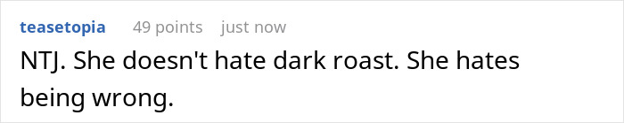 Captura de pantalla de una publicación en un foro en línea que muestra a una esposa snob del café despotricando sobre su odio al tostado oscuro, mientras su esposo revela que lo bebe a diario.