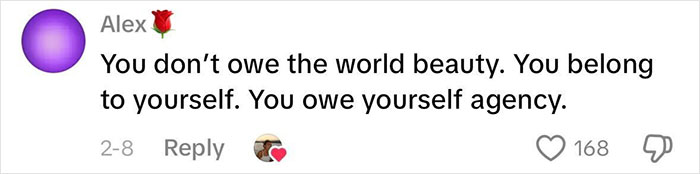 Comentario que destaca la agencia y la autoestima en respuesta a los estándares de belleza utilizados contra las mujeres en las redes sociales.