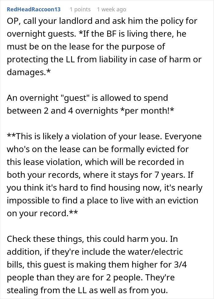 Consejos de Reddit sobre violaciones de contratos de arrendamiento e invitados que pasan la noche que afectan a compañeros de habitación y propietarios, analizando posibles riesgos de desalojo.