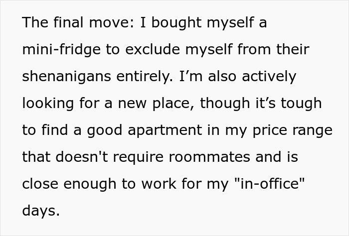 Una mujer harta de ser el portero personal de sus compañeros de cuarto pone límites al ignorar sus llamadas y comprar un mini refrigerador.