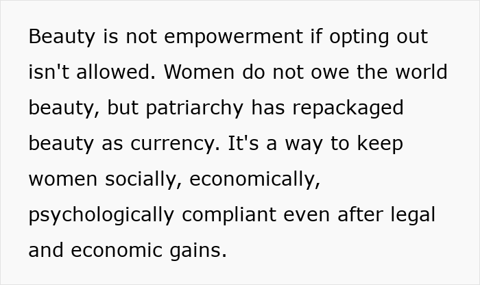 Texto que explica cómo los estándares de belleza no funcionan y se utilizan contra las mujeres para mantener el control social y económico.