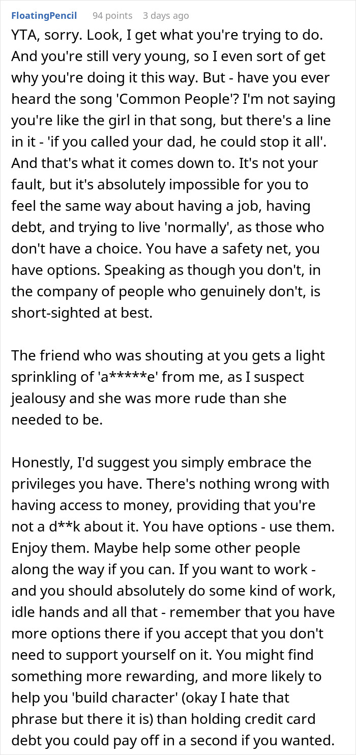 Comente sobre los privilegios y la riqueza desde la perspectiva de una mujer que creció adinerada y no pudo leer la sala.