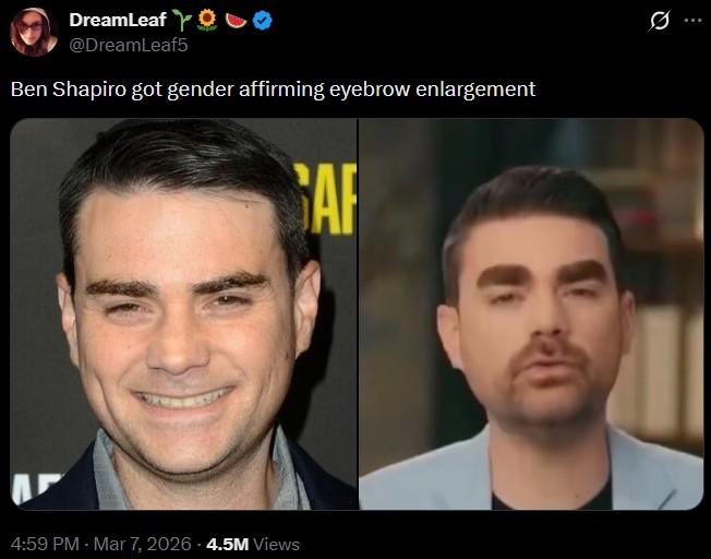 Un tweet que comparte una imagen editada y sin editar de Ben Shapiro. Se lee, 