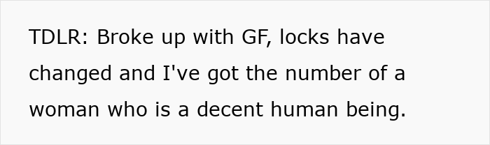 Imagen de texto que muestra un mensaje sobre ruptura, cambio de cerraduras y obtención del número de una mujer, relacionado con el BIL perezoso y el uso de cuchillos.