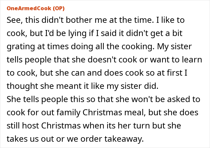 Extracto de una publicación de texto de OneArmedCook sobre los desafíos de cocinar con un brazo y la dinámica familiar en torno a la preparación de comidas.