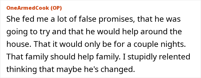 Publicación de texto de OneArmedCook que describe falsas promesas sobre ayudar en la casa a pesar de tener un brazo y analiza el apoyo familiar.
