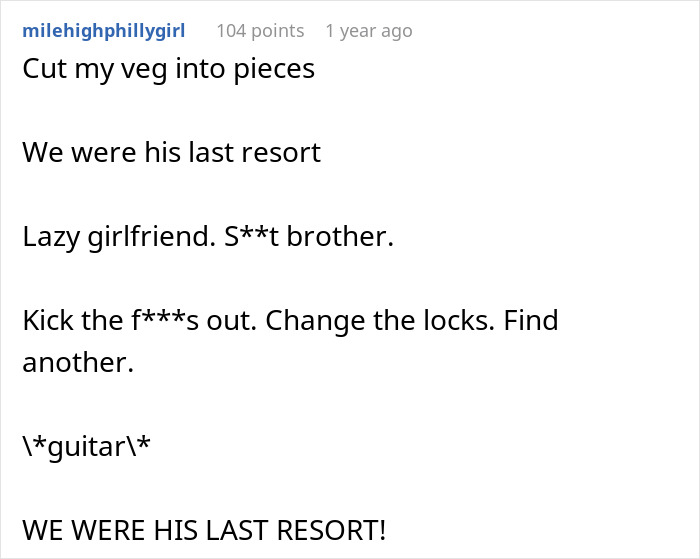 Publicación de texto sobre un cuñado perezoso incapaz de soportar a un tipo manco cortando verduras para alguien.