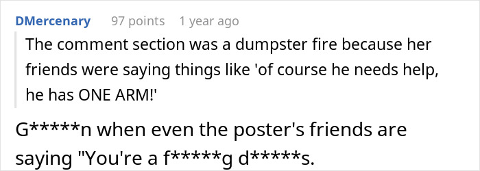 Captura de pantalla de una discusión en un comentario de Reddit sobre un tipo con un brazo que necesita ayuda para cortar verduras y opiniones relacionadas.