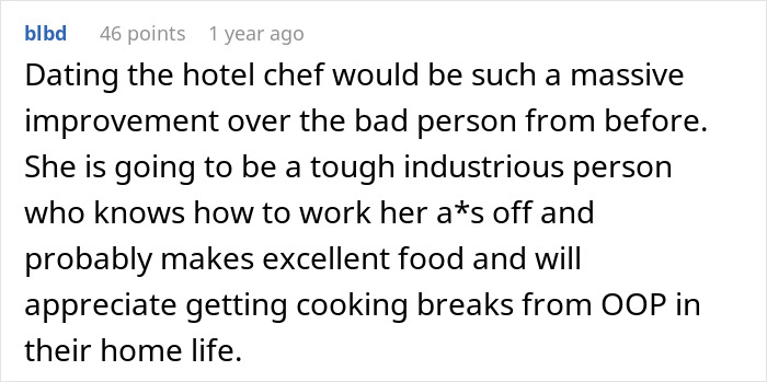 Comente una publicación en el foro sobre la naturaleza trabajadora y las habilidades culinarias de un chef de hotel, apreciando los descansos en la vida hogareña.