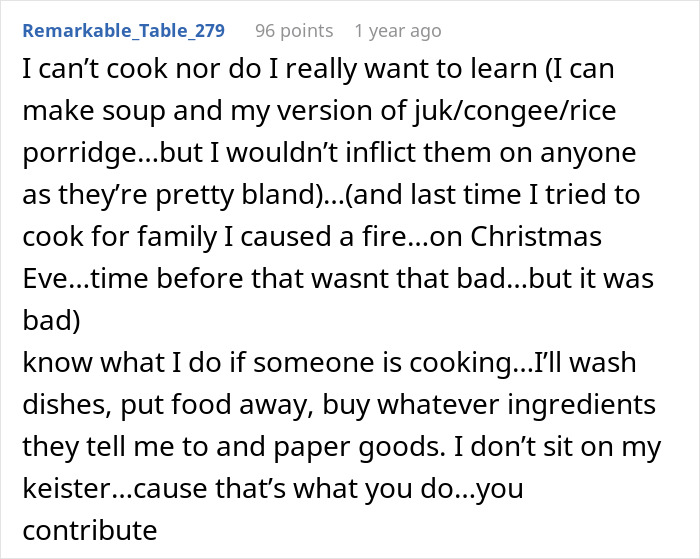 Publicación de texto sobre no poder cocinar, ayudar con los platos y apoyar los esfuerzos de cocina familiar.