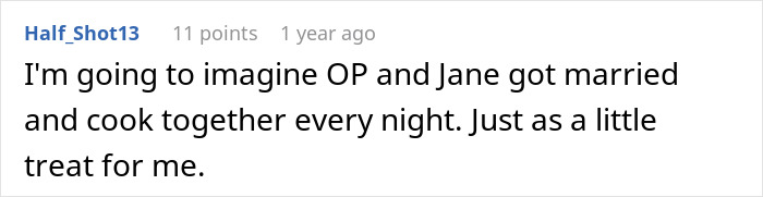 Comente el texto del usuario Half_Shot13 imaginando a una pareja cocinando junta todas las noches en una discusión informal en línea.