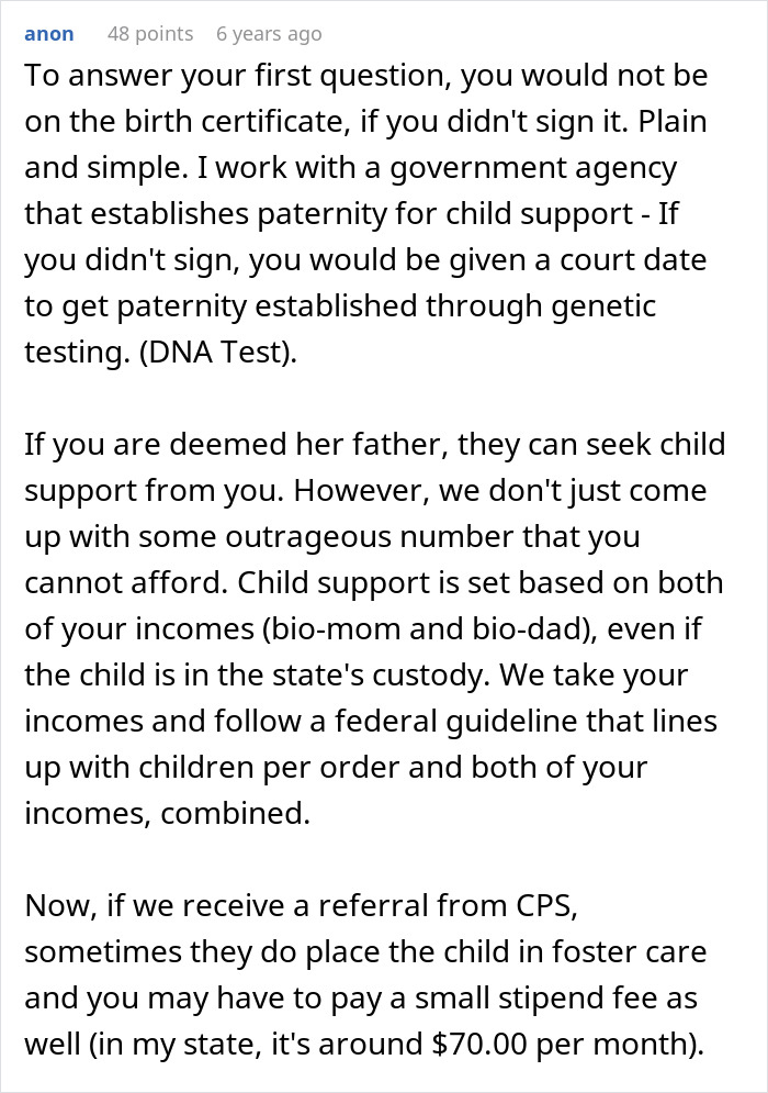 Extracto de texto que explica la paternidad legal, la manutención de los hijos y el impacto de la derivación a servicios infantiles en la vida de los hombres solteros.