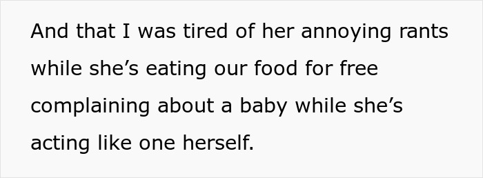 Extracto de texto que muestra una dinámica de relación grosera que involucra a un bebé y quejas molestas sobre comida gratis.