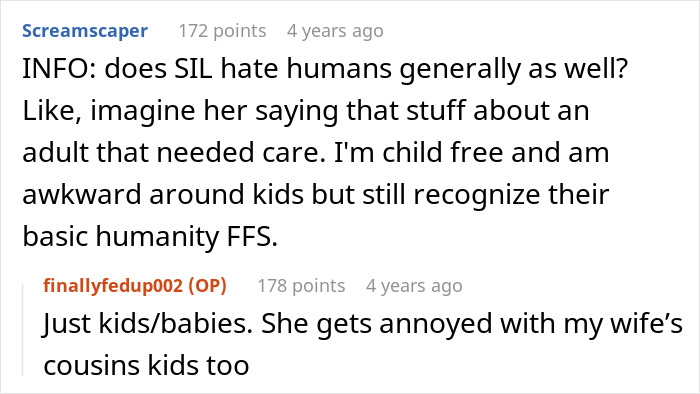 Discusión en línea sobre la relación grosera con el bebé del SIL, centrándose en las actitudes negativas hacia los niños y las tensiones familiares.