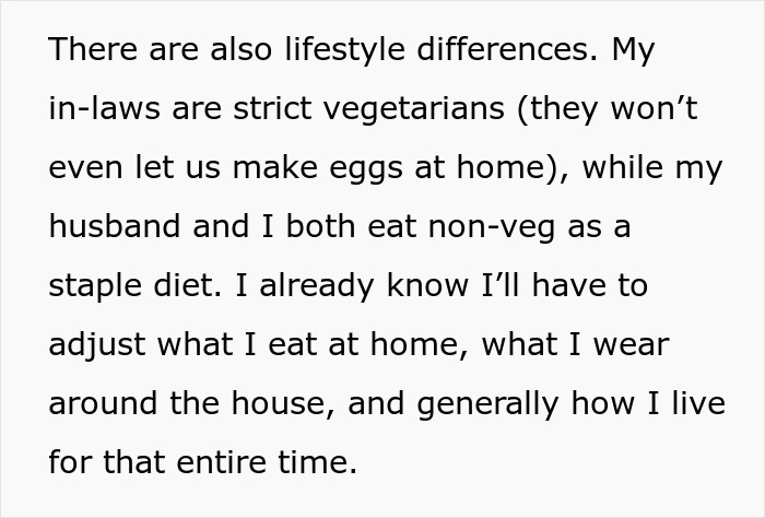 Texto que analiza las diferencias en el estilo de vida entre una esposa y unos suegros vegetarianos estrictos que causan dolor y falta de respeto en la estancia familiar.