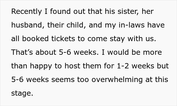 Extracto de un texto sobre una esposa que se siente herida y faltada al respeto después de que su esposo aprueba la estadía de seis semanas de la familia sin su consentimiento.