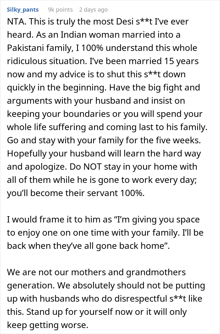 Comentario que expresa frustración porque el esposo aprobó la estadía prolongada de la familia sin consultar a la esposa, destacando el dolor y la falta de respeto.