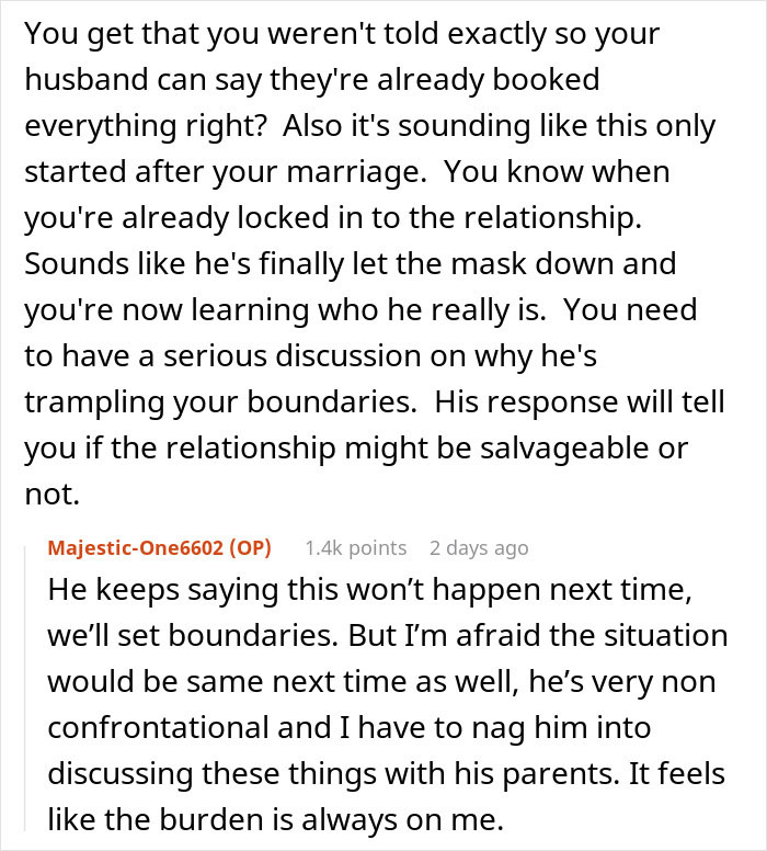 Discusión de texto sobre la esposa que se siente herida y faltada al respeto después de que el esposo aprueba la estadía prolongada de la familia sin su consentimiento.