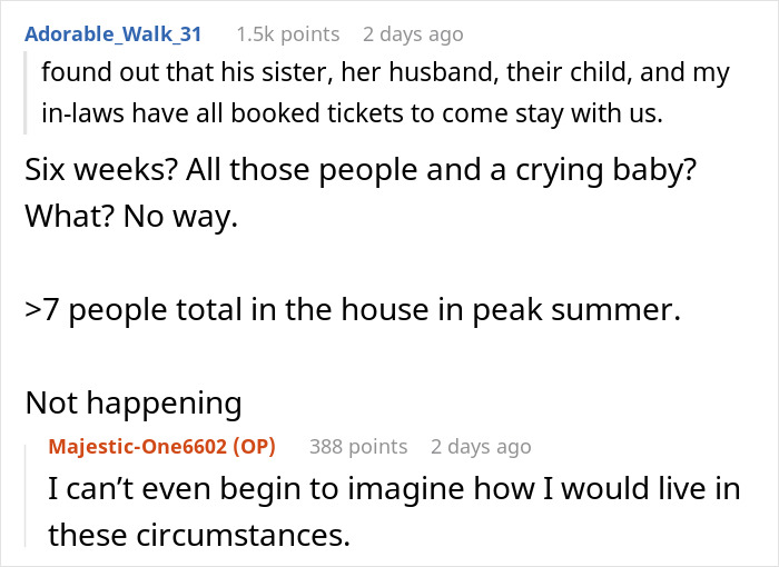 Texto alternativo: comentarios de Reddit sobre la esposa que se siente herida y faltada al respeto después de que el esposo aprueba la estadía de seis semanas de la familia sin preguntarle
