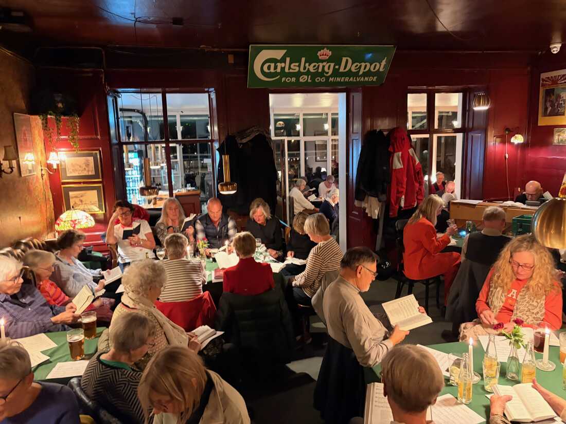 En un evento de campaña de la miembro socialdemócrata danesa del Parlamento Ida Auken, los residentes de Copenhague cantan el “cancionero de la escuela secundaria”, una colección de himnos nacionales del siglo XIX que conectan a los daneses con su cultura y tradición de canto.