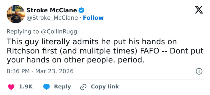 Tweet del usuario Stroke McClane sobre un vecino en pelea con la estrella de Reacher, Alan Ritchson, admitiendo una confrontación física.