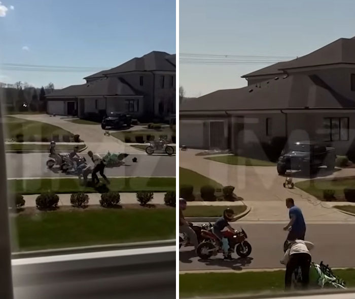 Un vecino involucrado en una pelea con la estrella de Reacher, Alan Ritchson, afuera de una casa suburbana en un día soleado.